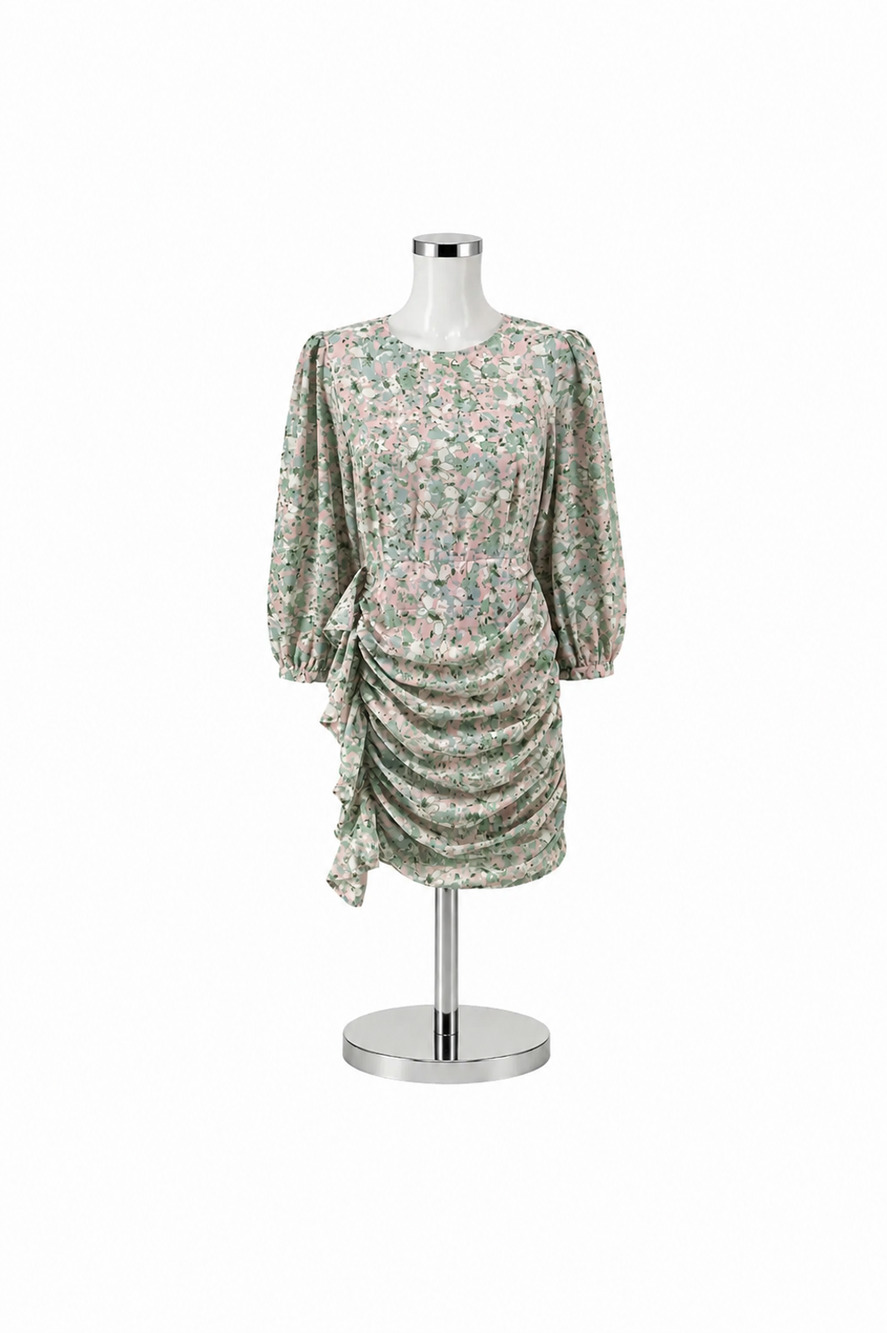 Entro Floral Asymmetrical Ruched Mini Dress Pink Green Size Small